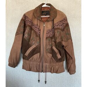 Winlit VINTAGE LEATHER BOMBER JACKET Women M Western Rodeo Lace Suede BOHO 80's
